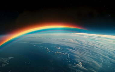 Fototapeta premium A single rainbow, captured in close-up, against the backdrop of the dark night sky in space.