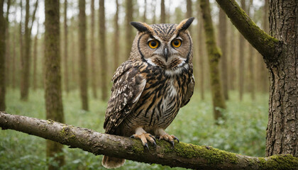 Obraz premium An owl perches on a branch in a dense forest, its yellow eyes piercing through the trees