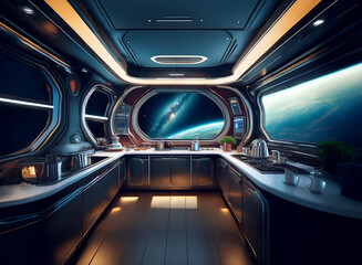 A futuristic kitchen with large windows overlooking a planet and stars in the distance.