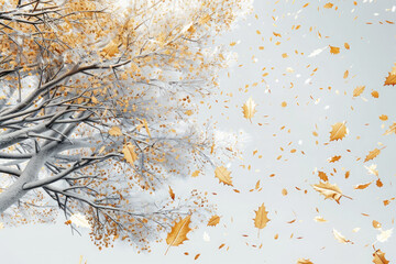 A tree with leaves falling in the air winter autumn