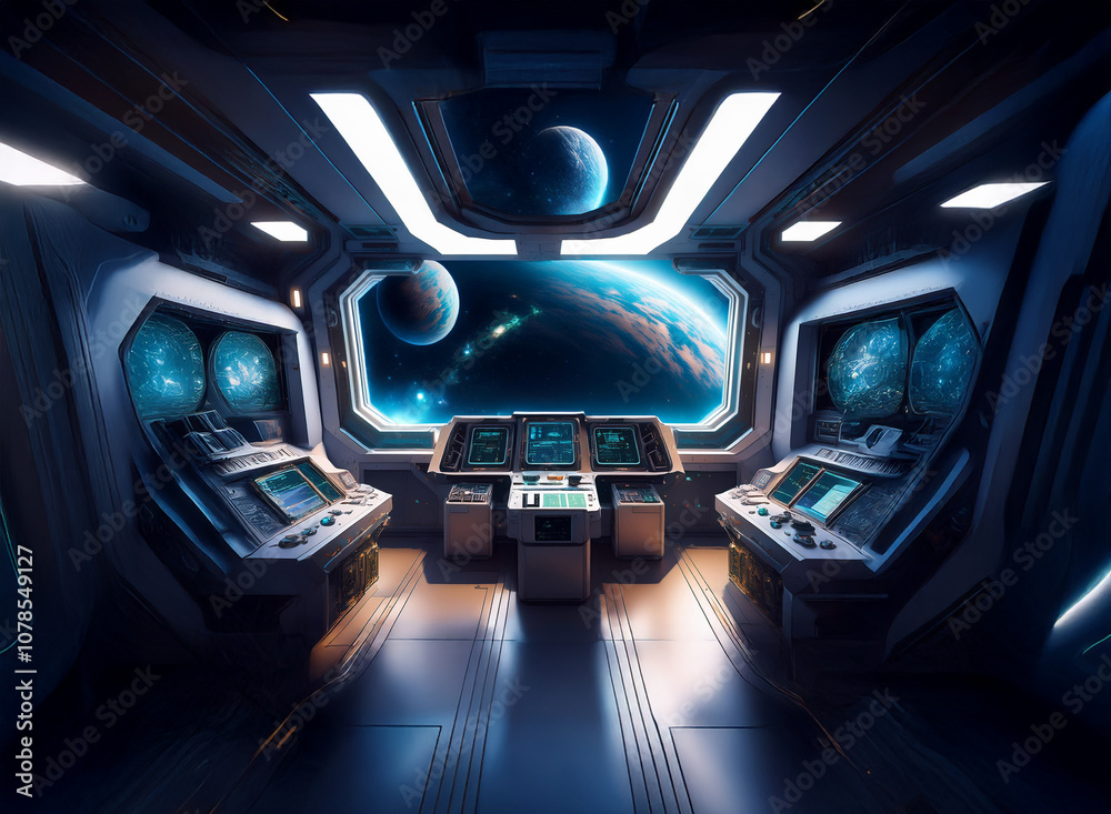 Poster A futuristic spaceship bridge with a view of a distant planet and its moon through a large panoramic window.