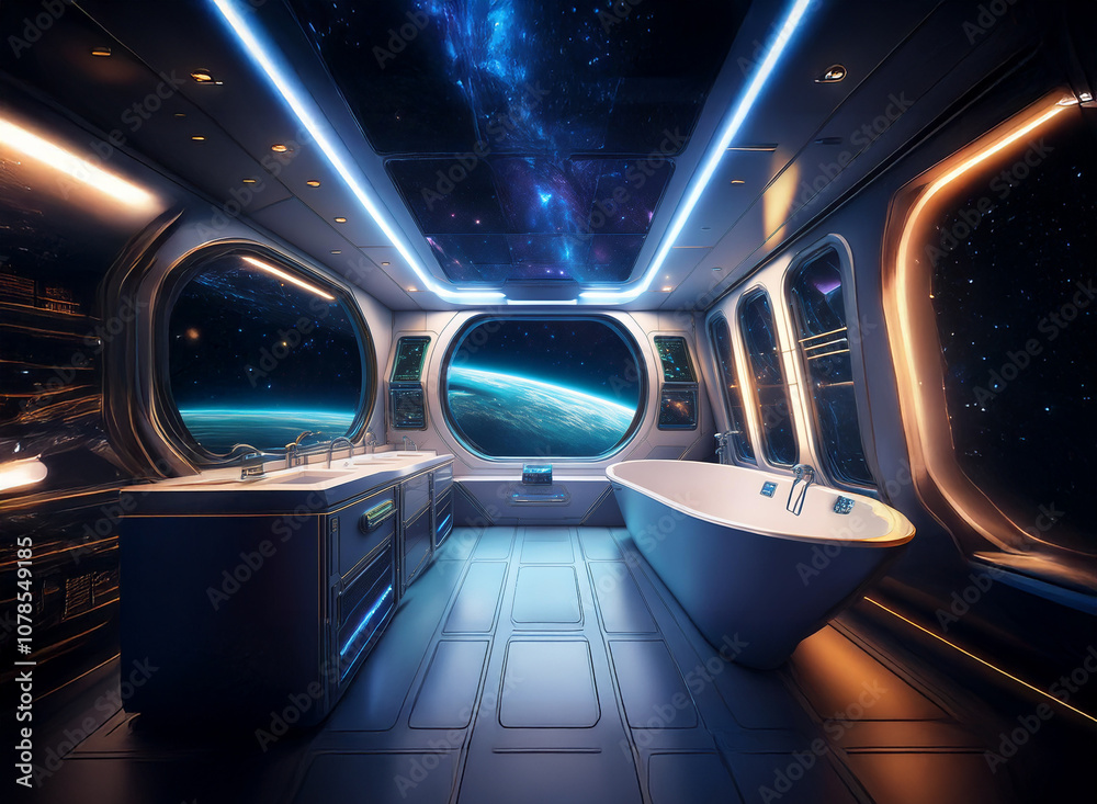 Poster a futuristic bathroom with large windows overlooking a distant planet and a starry sky, featuring a 