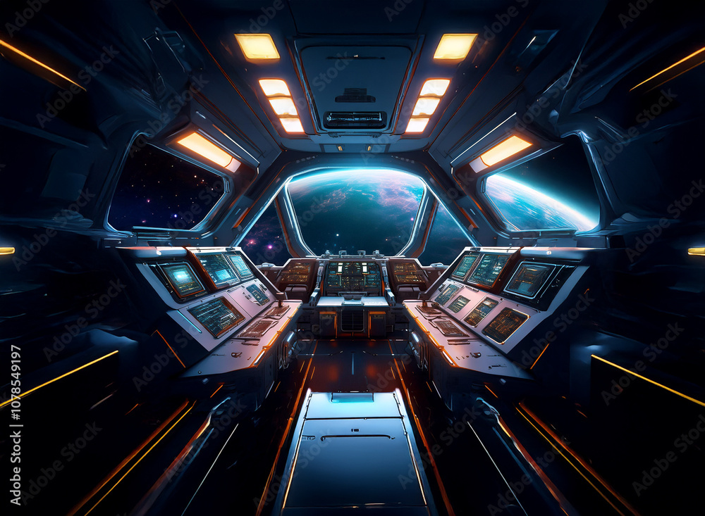 Poster The cockpit of a spaceship with a view of Earth from orbit.