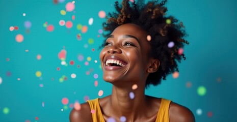 a woman smiling with confetti falling from the sky