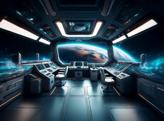 A futuristic spaceship cockpit with a large window overlooking Earth.