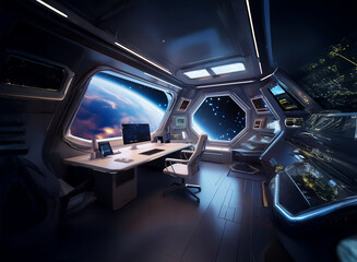 A futuristic office space aboard a spacecraft with a view of Earth through a large window.