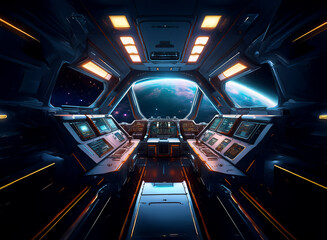The cockpit of a spaceship with a view of Earth from orbit.