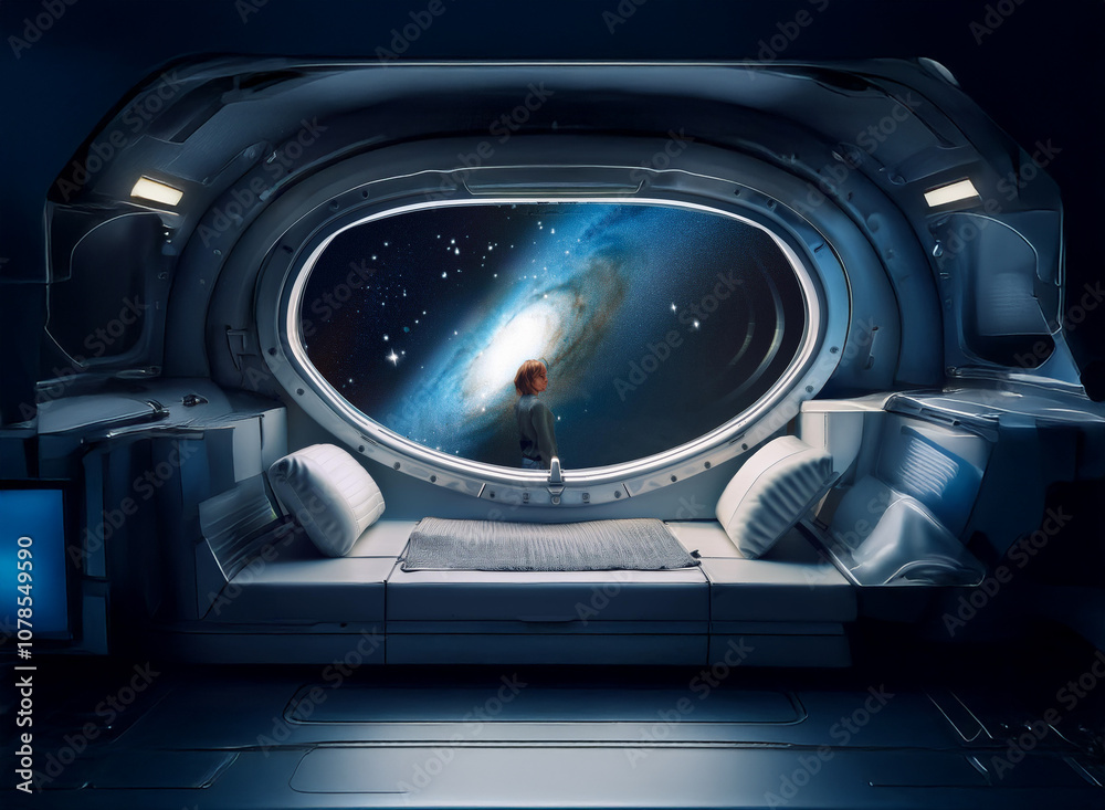 Poster A lone astronaut gazes out a large spaceship window at the swirling spiral of a galaxy.