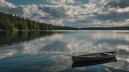 Obraz premium A Small Wooden Rowboat Anchored in a Still Lake Surrounded by Trees and Cloudy Sky