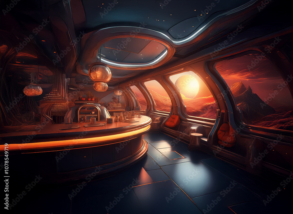 Poster a futuristic bar with large windows showcasing a sunset over a desolate alien landscape.