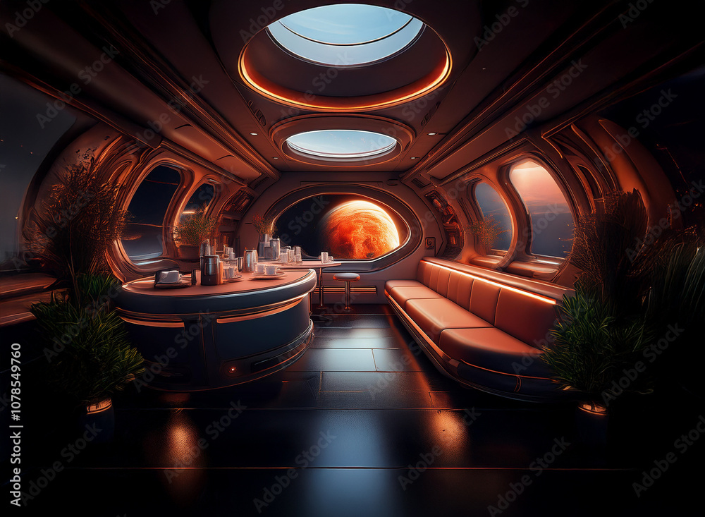 Aufkleber a futuristic spaceship lounge with large windows showing a view of a distant planet.