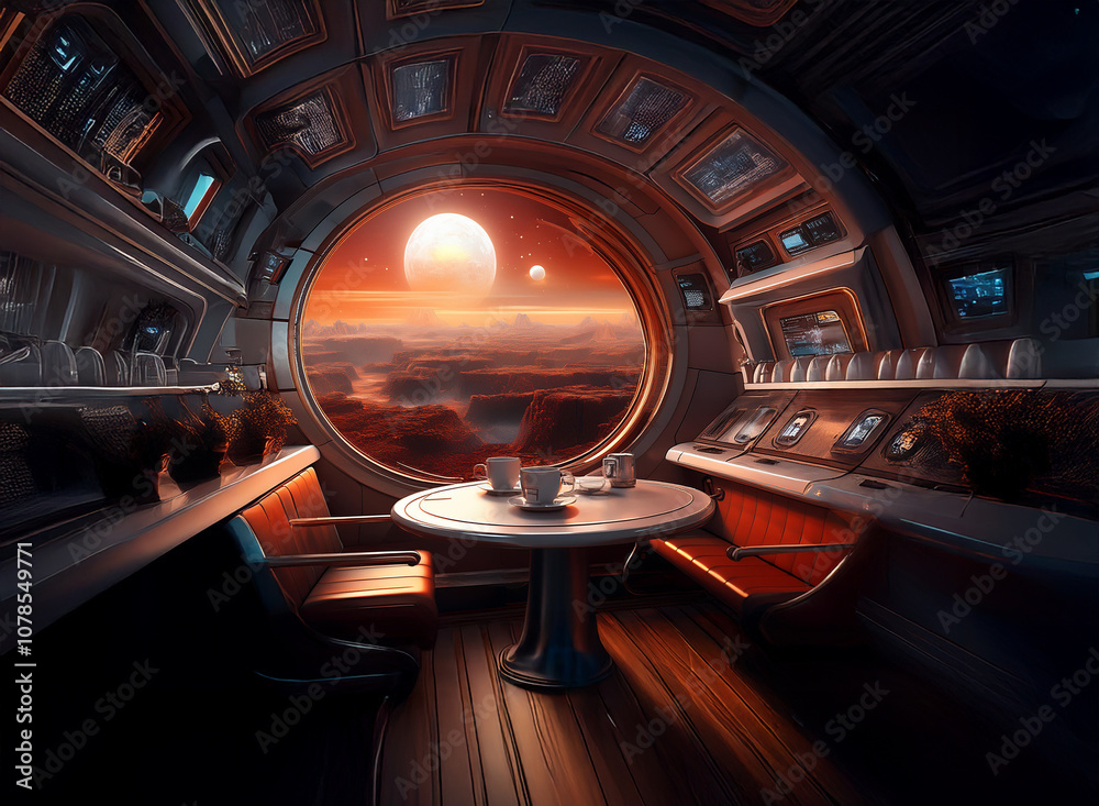 Poster A futuristic spaceship interior with a large window overlooking a distant red planet with two moons, featuring a small dining table with two chairs and cups.