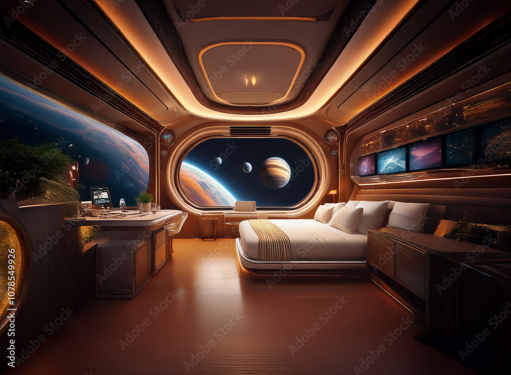 Poster a futuristic bedroom with large windows overlooking a vast expanse of space, featuring a comfortable