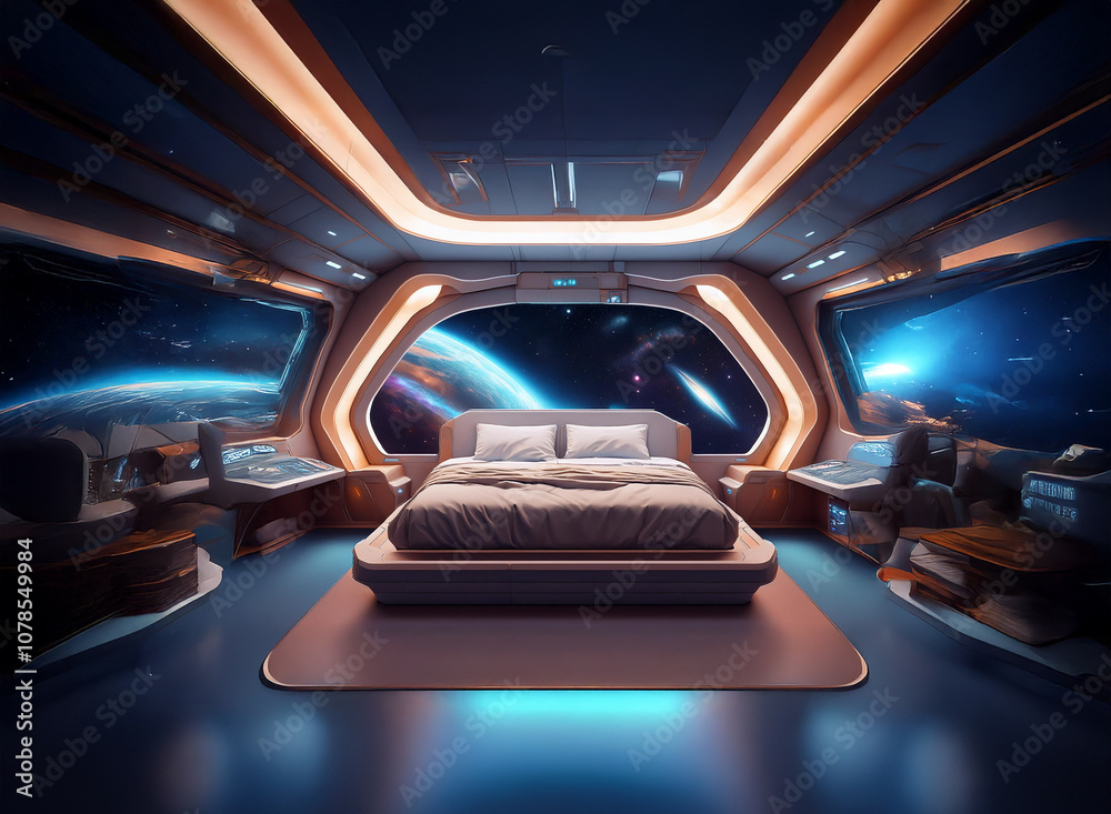 Poster A futuristic bedroom with large windows showcasing a view of a planet and stars from space.