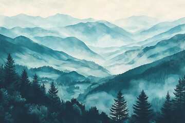 Fototapeta premium Serene mountain landscape with misty valleys and evergreen forests in tranquil morning light