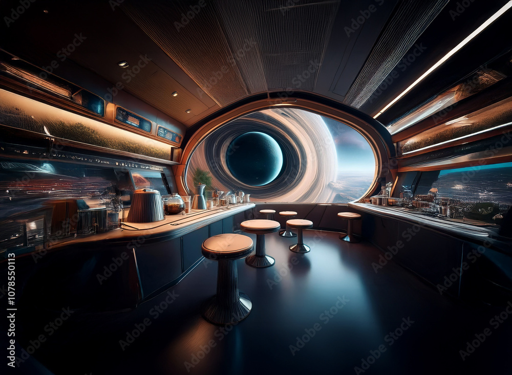 Poster A futuristic bar with a large window looking out into space.