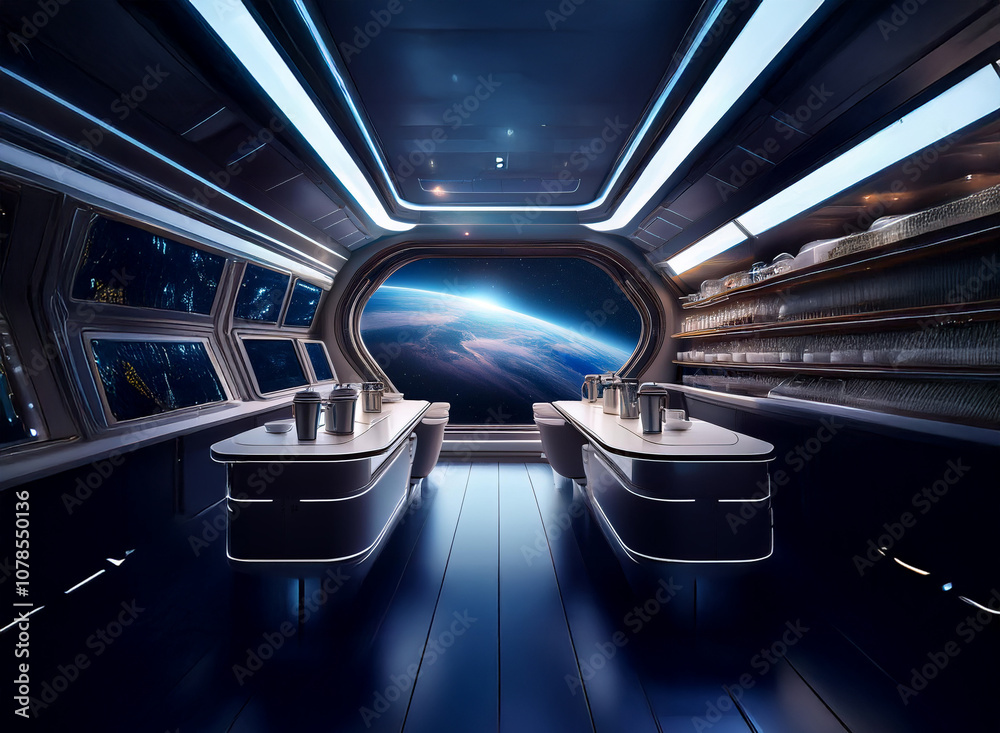 Poster the interior of a futuristic spaceship features a large window overlooking a planet with a sunrise, 