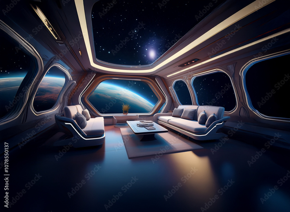 Poster A futuristic living room with large windows overlooking a distant planet and a view of the starry night sky.