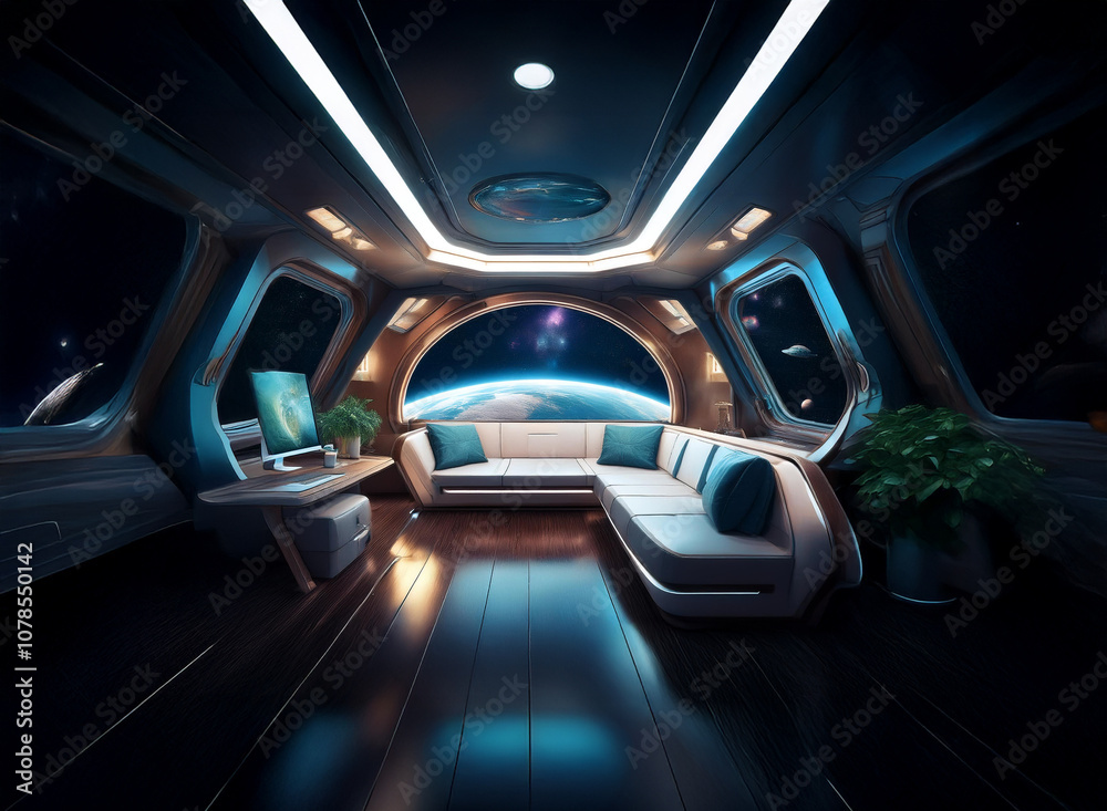 Aufkleber A futuristic spaceship interior with large windows overlooking planet Earth. The room features a comfortable couch, a desk, plants, and a dark wood floor.