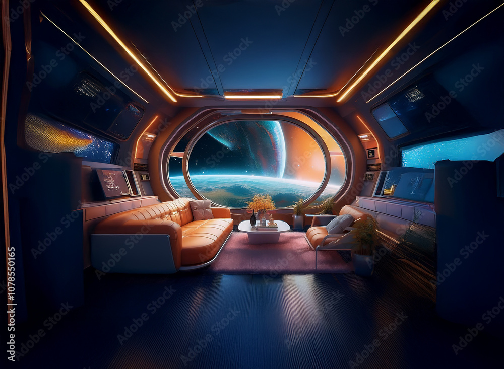 Aufkleber a futuristic living room with large windows overlooking a view of a distant planet. the room is deco