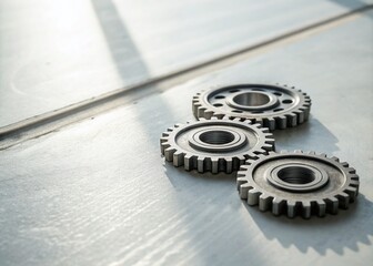 Minimalist Gears Arrangement on a Clean Surface Showcasing Mechanical Precision and Industrial Aesthetics for Modern Design Applications