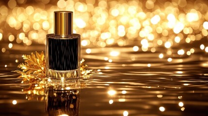 Golden reflections surround luxury perfume bottle scene