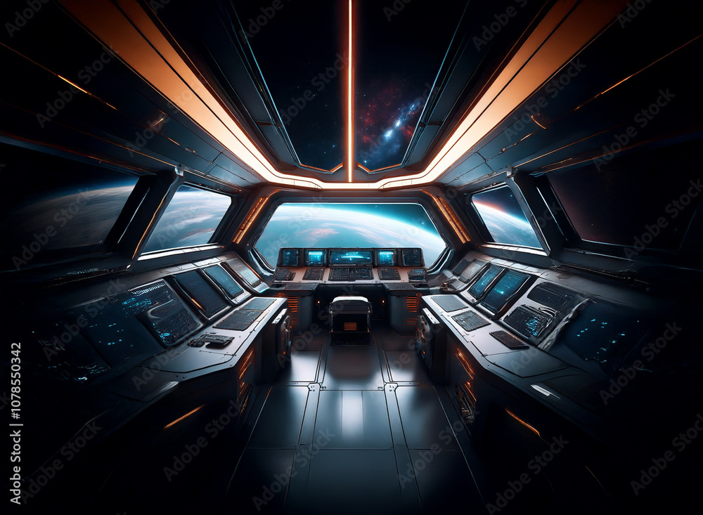 Poster A futuristic spaceship cockpit with a view of Earth from orbit, showing a large window and a control panel.