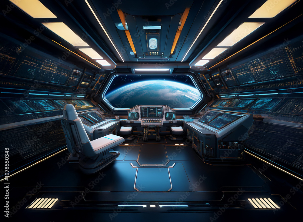 Poster a futuristic spaceship cockpit with a large window overlooking a blue planet.