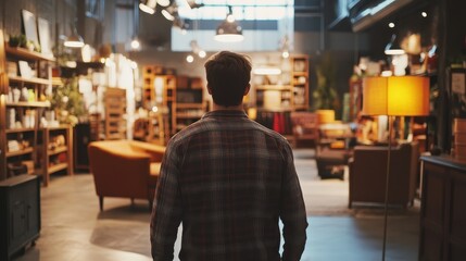 A man shopping for home decor in a furniture store, visualizing his ideal living space, blending daily life and personal style in lifestyle choices.