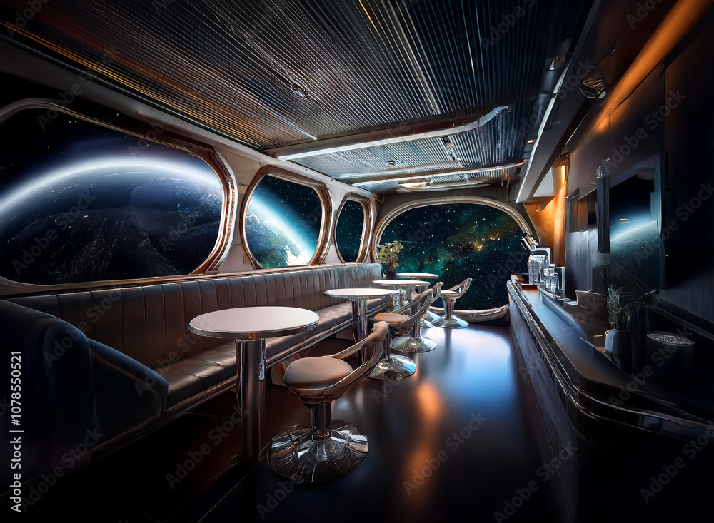 Poster A futuristic spaceship interior with large oval windows overlooking a distant planet and starry sky, featuring a lounge area with tables and chairs.