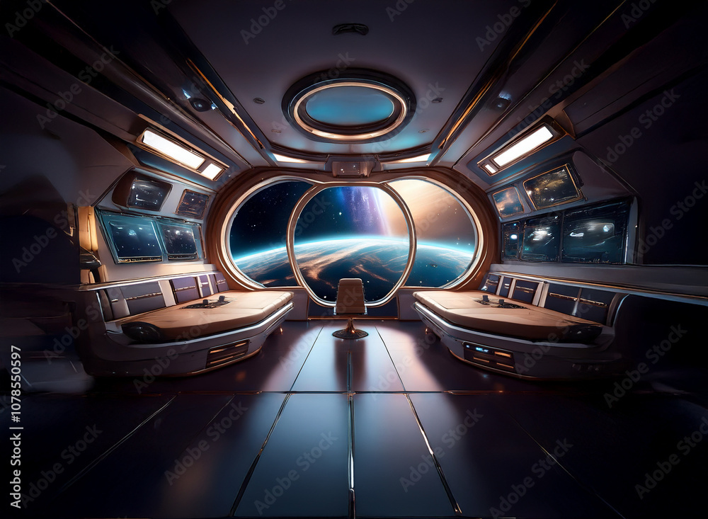 Poster A futuristic spaceship interior with a large window revealing a view of Earth from space.