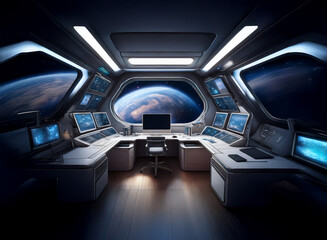 The interior of a spaceship bridge features a large window overlooking a distant planet, surrounded by control panels, screens, and a chair.