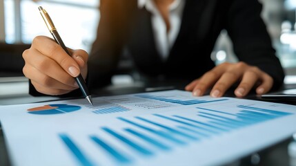 Close-up of a business professional reviewing financial charts and graphs on paper, representing data analysis, finance, and corporate strategy.