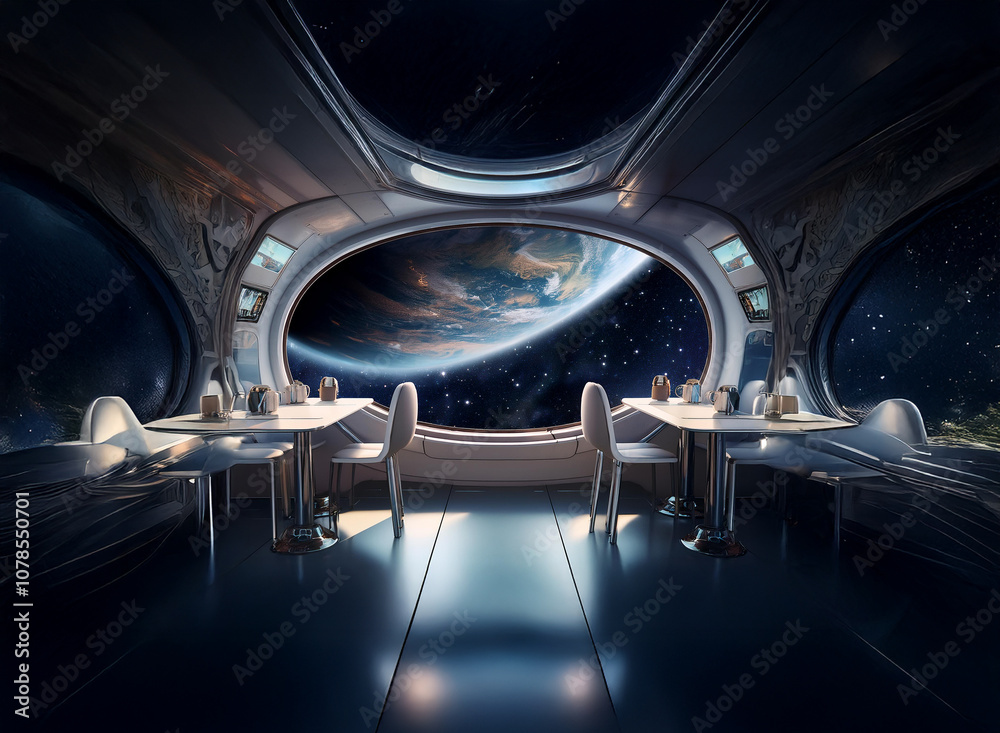 Poster a futuristic dining area with large windows overlooking earth from space.