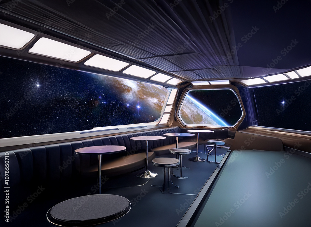 Poster A futuristic spaceship interior with large windows overlooking a view of Earth and stars.