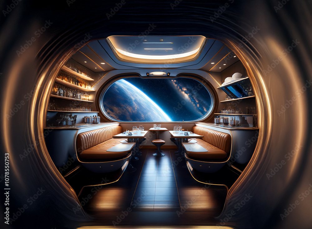 Poster A futuristic dining area with large windows overlooking a distant planet.