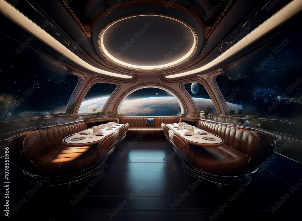 Poster A futuristic dining room with large windows offering a view of Earth from space. The room is furnished with a long table and plush leather booths.