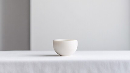 Minimalist White Ceramic Bowl: A Study in Simplicity and Elegance on a Pristine Tablecloth