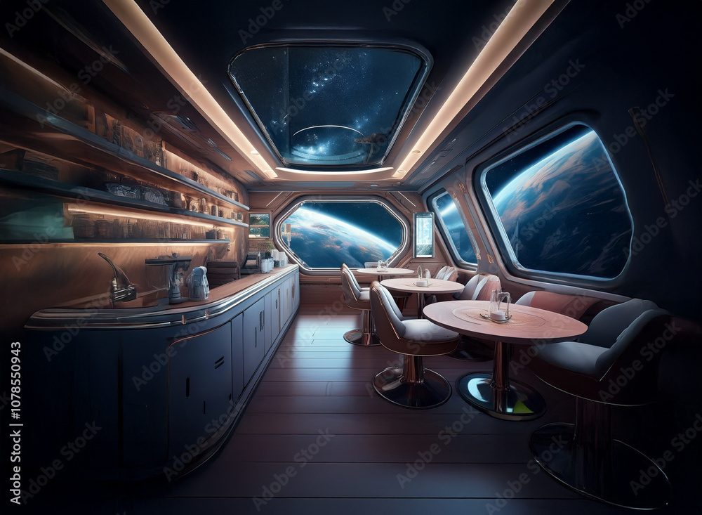 Aufkleber an interior view of a futuristic spaceship galley with large windows looking out at earth and a star