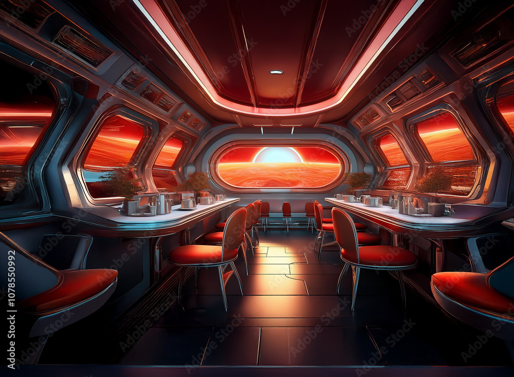 Poster the interior of a spaceship dining area with large windows showcasing a red planet with an orange sk