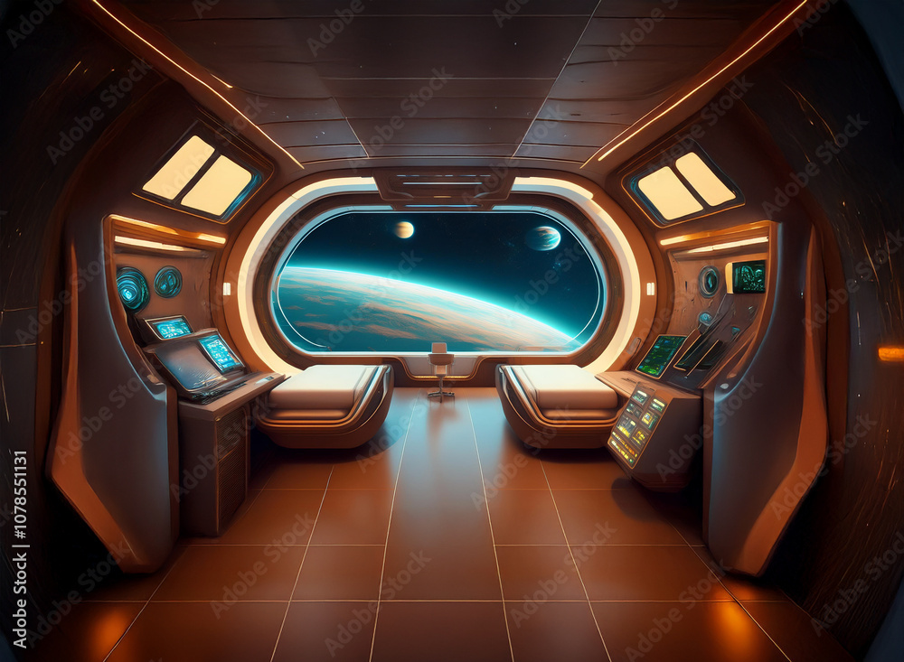 Aufkleber the interior of a futuristic spaceship, featuring a large window overlooking a planet and stars.