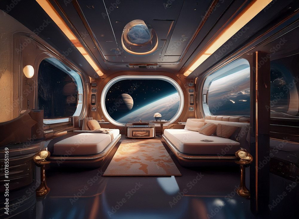 Aufkleber A futuristic spaceship cabin with large windows overlooking a view of space with planets and stars.