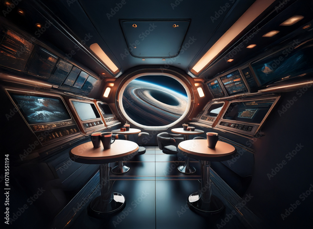 Poster the interior of a futuristic spacecraft with large windows offering a view of a ringed planet.
