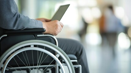 Obraz premium A person in a wheelchair using a tablet in a blurred indoor setting.
