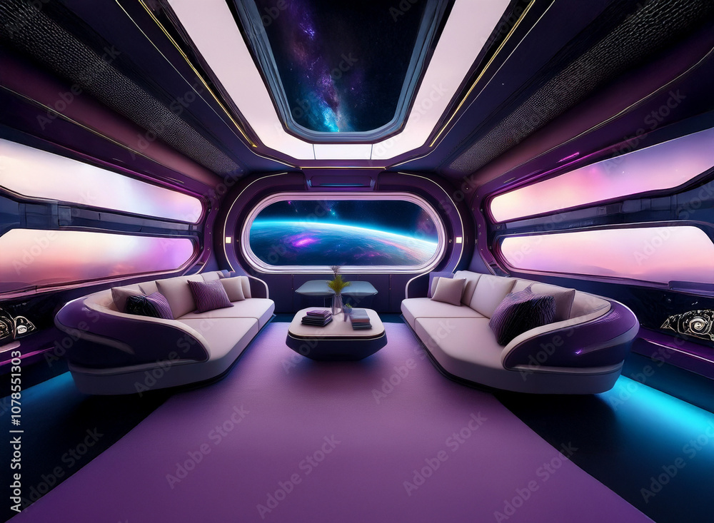 Poster a futuristic spaceship interior with large windows showcasing a view of earth and a starry sky.