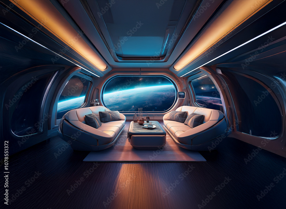 Poster an interior view of a futuristic spacecraft with large windows showcasing a view of earth from space