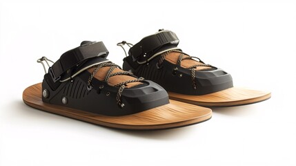 A pair of water ski bindings on a white background, showcasing the wood and modern design, perfect for water sports enthusiasts.