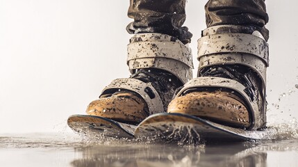 Muddy Wakeboarding Boots Skimming Water Surface: Dynamic Close-Up of Watersports Action