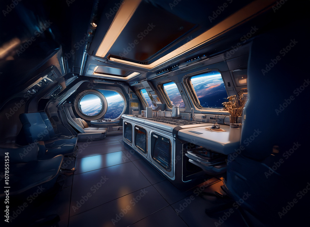 Poster an interior view of a futuristic spacecraft with large windows overlooking a blue and green planet.