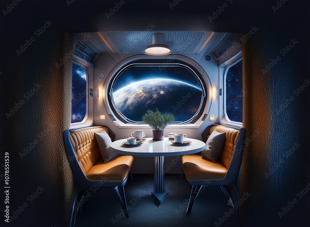 Aufkleber A spaceship dining area with a large window overlooking Earth.